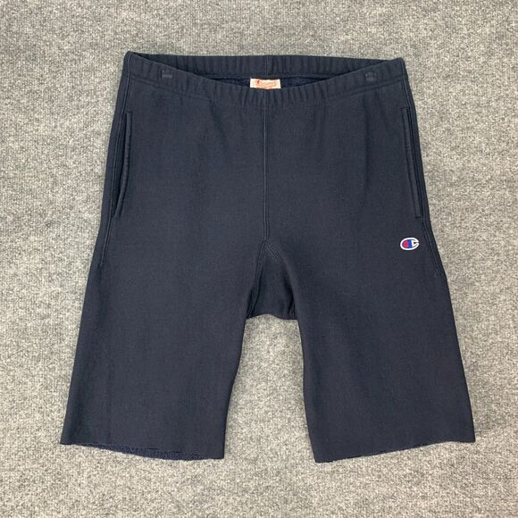 Champion Sweat Short Mens M Navy Reverse Weave Elastic Drawstring Waist Raw Edge - Picture 4 of 13